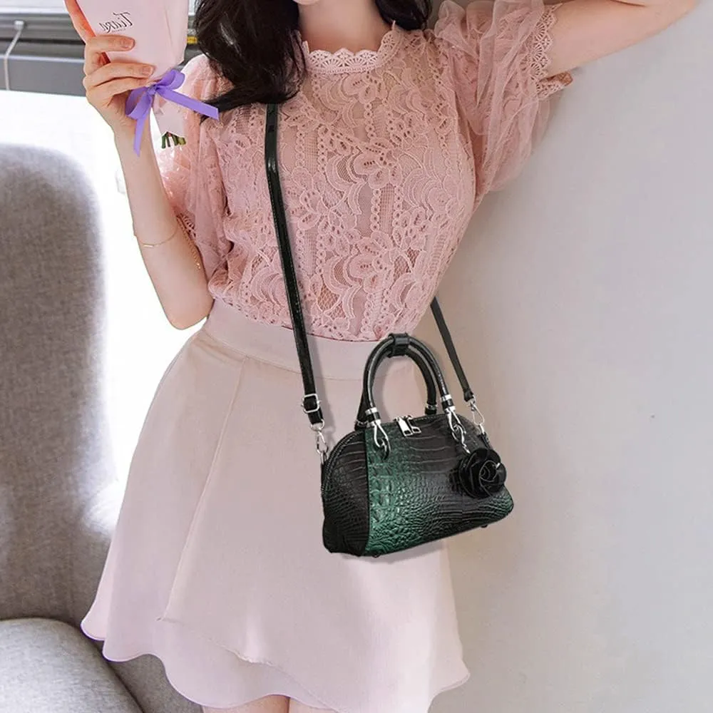® Women Handbag Rose Pendant Crossbody Bag Crocodile Top Handle Bag Vintage Shoulder Bag Shell Bag