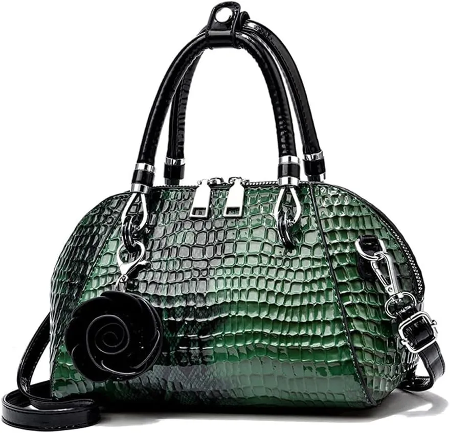 ® Women Handbag Snake Print Shoulder Bag Crocodile Leather Top Handle Handbag Rose Pendant Purse