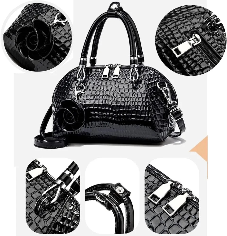 ® Women Handbag Snake Print Shoulder Bag Crocodile Leather Top Handle Handbag Rose Pendant Purse
