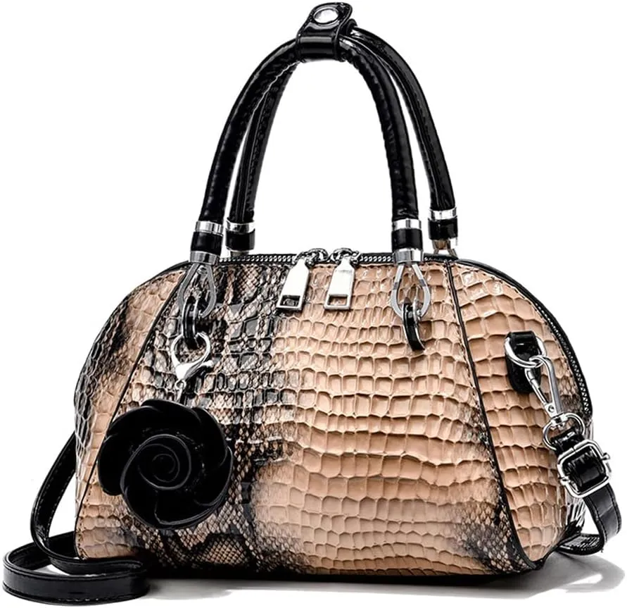 ® Women Handbag Snake Print Shoulder Bag Crocodile Leather Top Handle Handbag Rose Pendant Purse