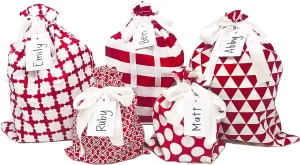 100% Cotton Gift Bags (Standard Set, Red), Set of 5 bags: three 16"x12" and two 10"x8"