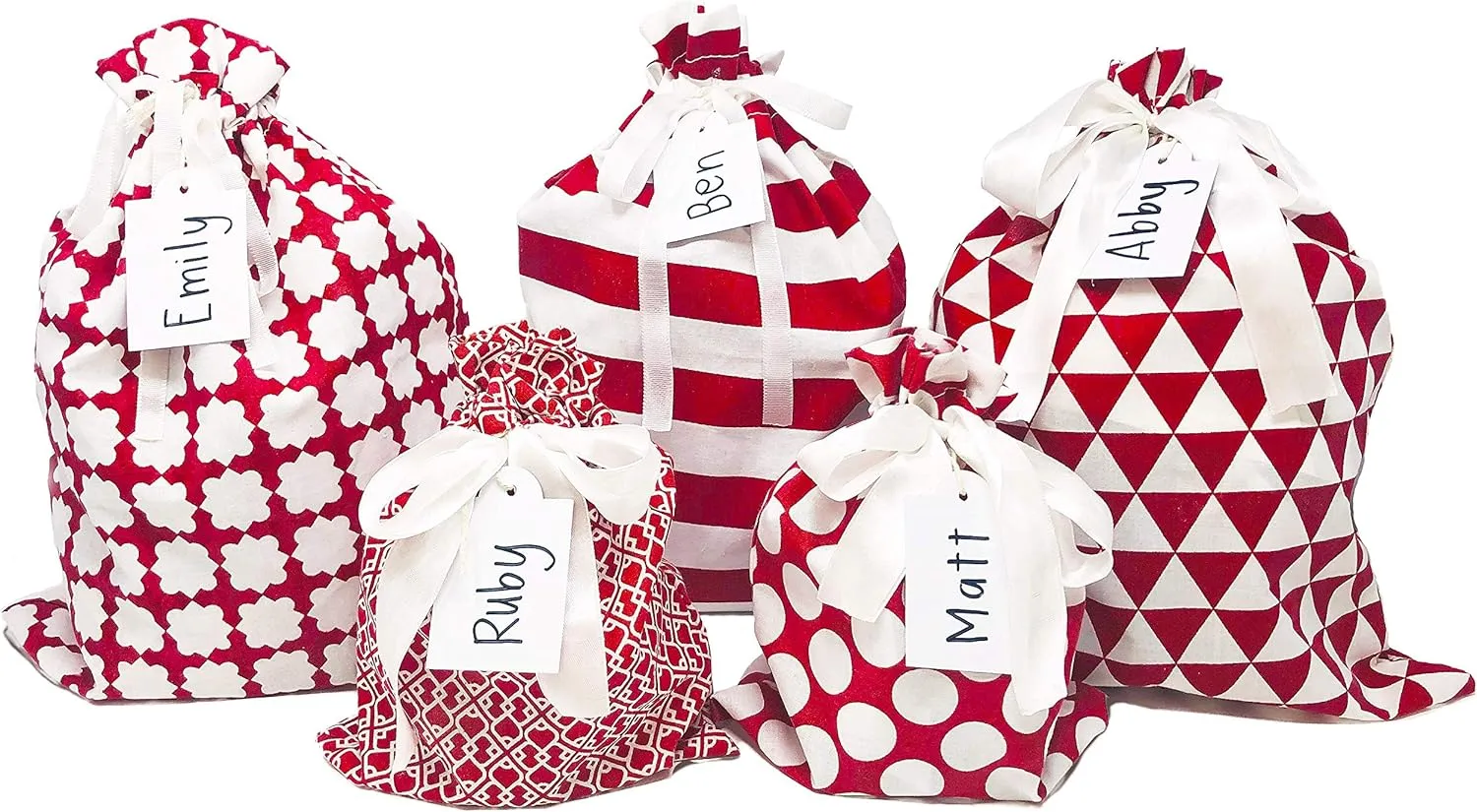 100% Cotton Gift Bags (Standard Set, Red), Set of 5 bags: three 16"x12" and two 10"x8"