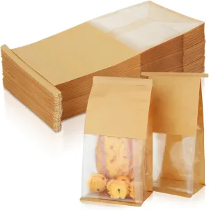 100PCS Bakery Bags with Window, 5.1 x 4.3 x 11.2 Inch Brown Tin Tie Tab Lock Bags Bakery Cookie Bags, Kraft Paper Cookie Treat Bag for Cookies Packaging Gift Giving Wedding Favors Coffee