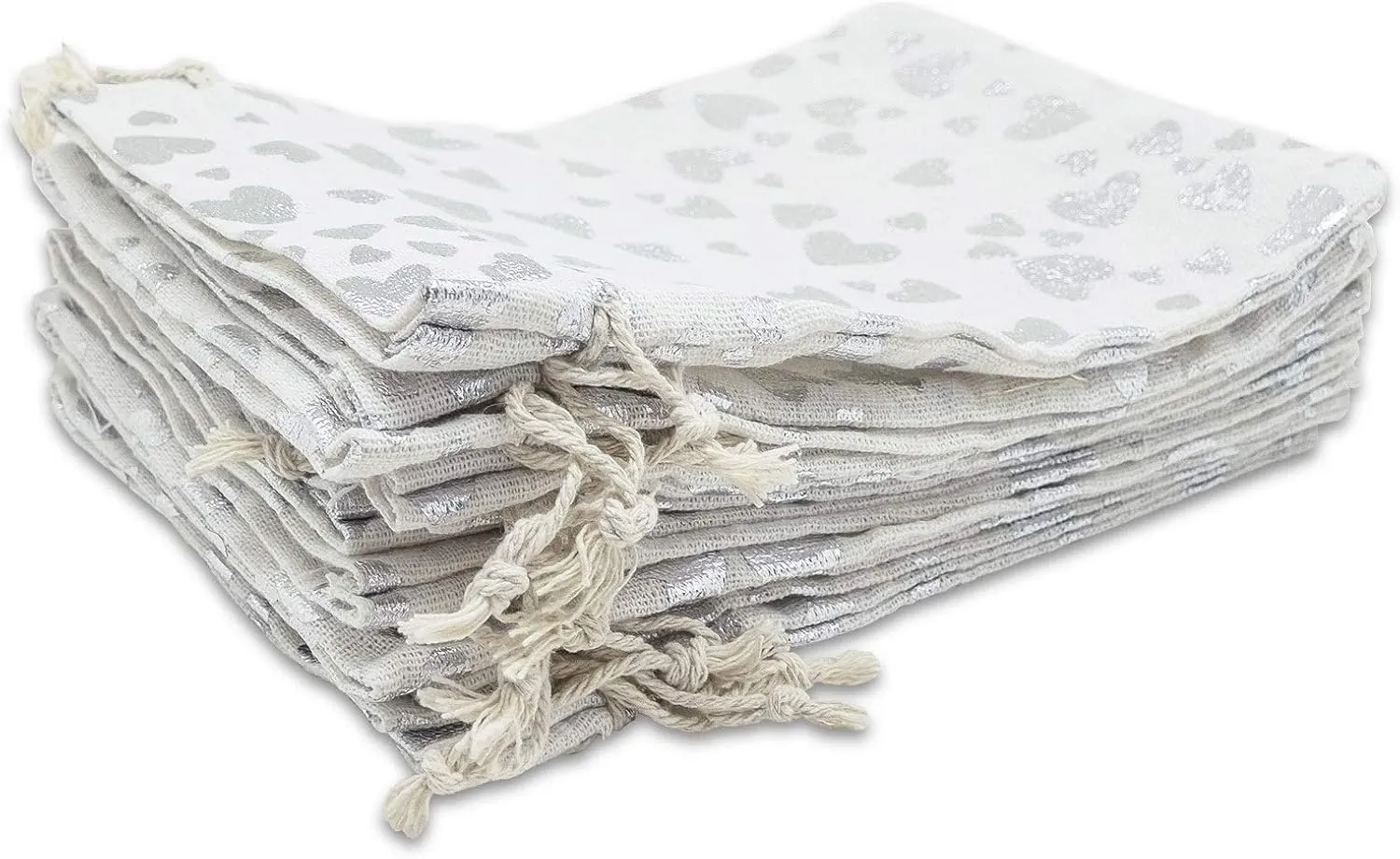 12-Pack 8x10 Reusable Cotton Canvas Muslin Gift Bags w. Drawstrings (Silver Hearts, Large) - for Presents, Party Favors, Retail, Samples by TheDisplayGuys