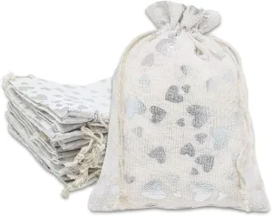 12-Pack 8x10 Reusable Cotton Canvas Muslin Gift Bags w. Drawstrings (Silver Hearts, Large) - for Presents, Party Favors, Retail, Samples by TheDisplayGuys