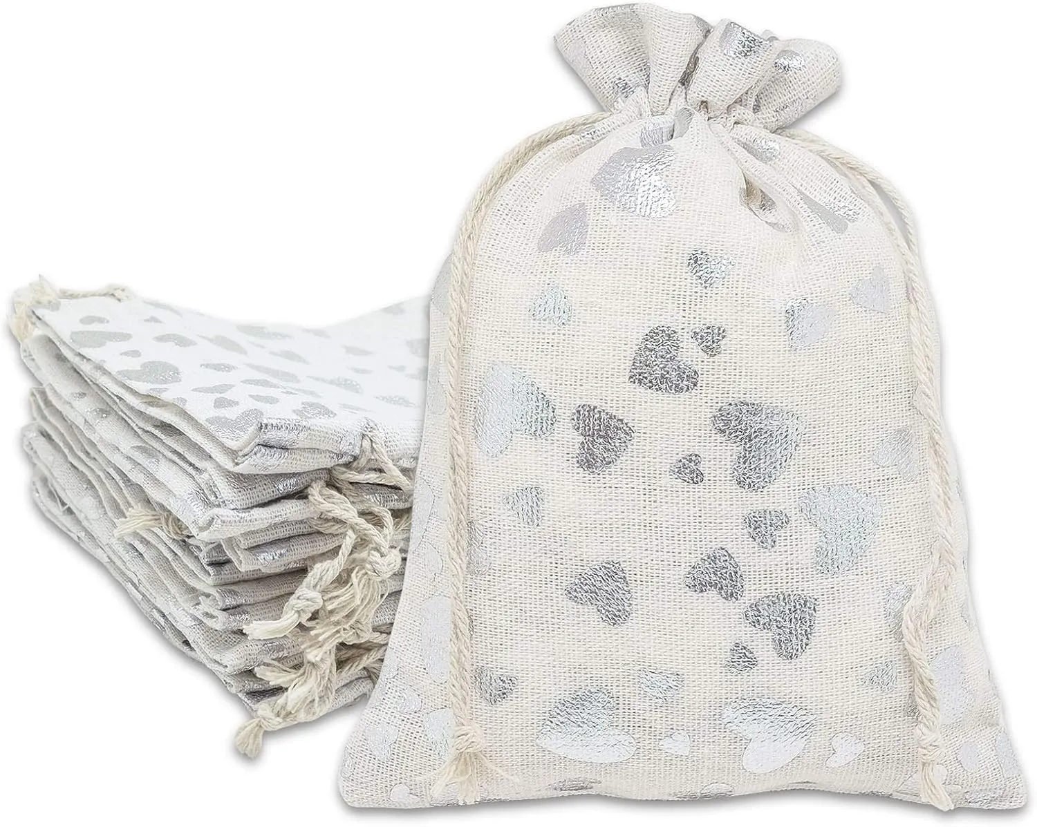 12-Pack 8x10 Reusable Cotton Canvas Muslin Gift Bags w. Drawstrings (Silver Hearts, Large) - for Presents, Party Favors, Retail, Samples by TheDisplayGuys