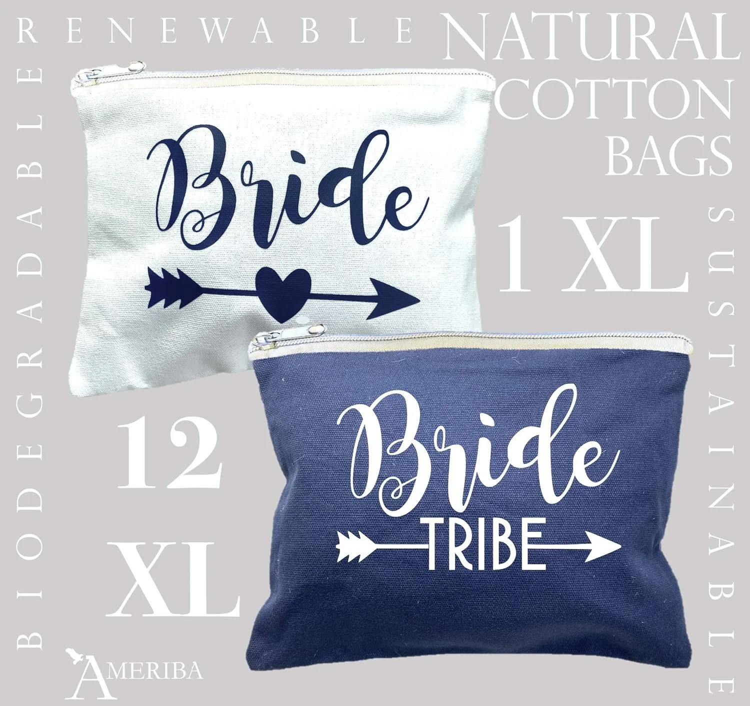 12 PACK SET   1 BRIDE BAG Premium Natural Cotton Canvas Makeup Bag- Bridesmaids Gifts for the Bachelorette Party or Bridal Shower