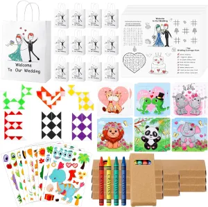 12 Set Wedding Activities Includes 12 Coloring Placemats with Crayons 12 Puzzle 12 Animals Stickers 12 Wedding Gift Goodie Bags and 12 Snake Cube for Boys and Girls Wedding Games Favor