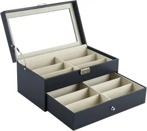 12 Slot Sunglasses Organizer, Lockable Leather Multi Eyeglasses Organizer with Drawers, Eyeglass Frames with Clear Glass Covers for Watch Jewelry Collection, Black