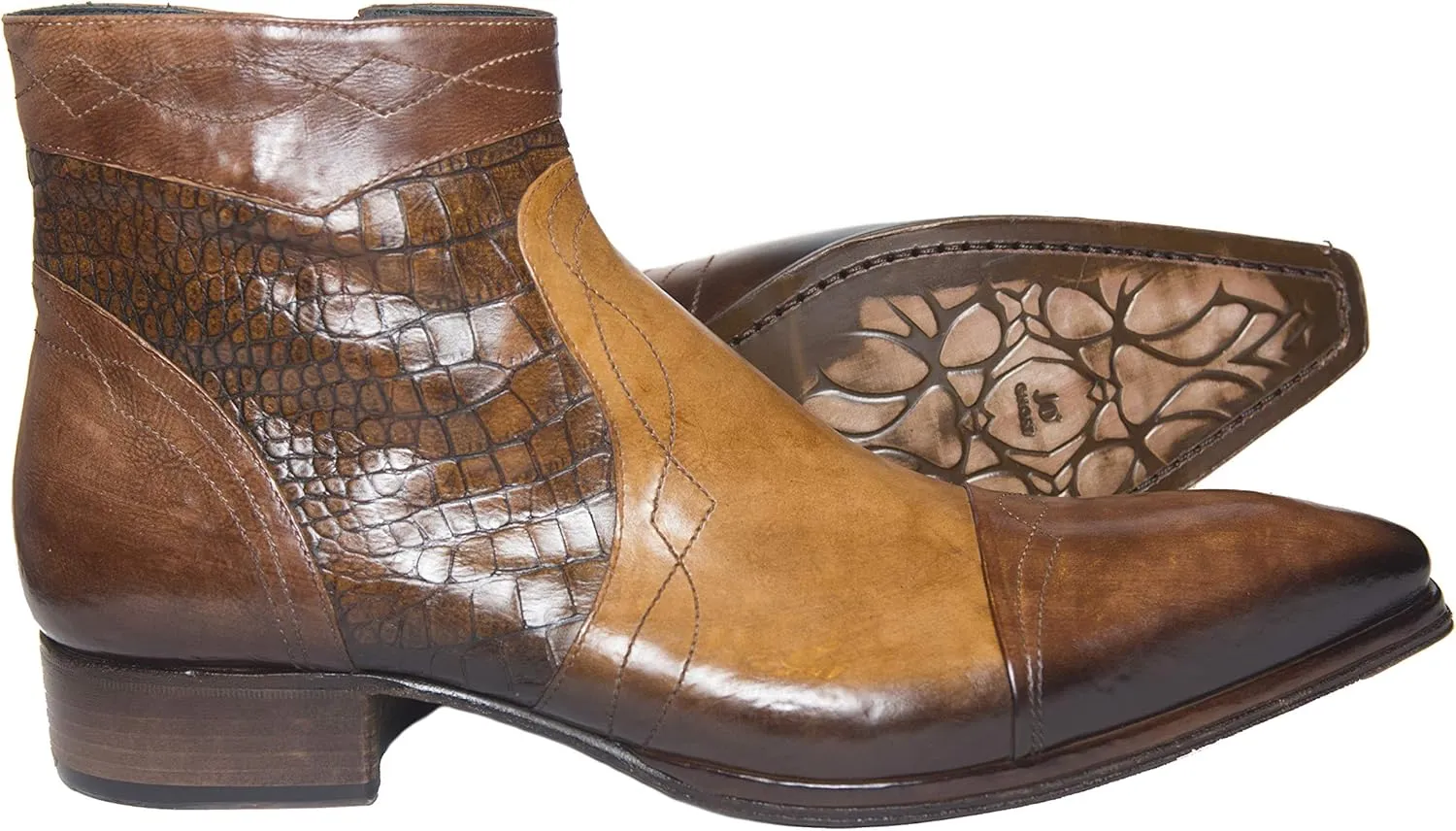 1685 Italian mens combination of 2 brown leather crocodile print ankle boots