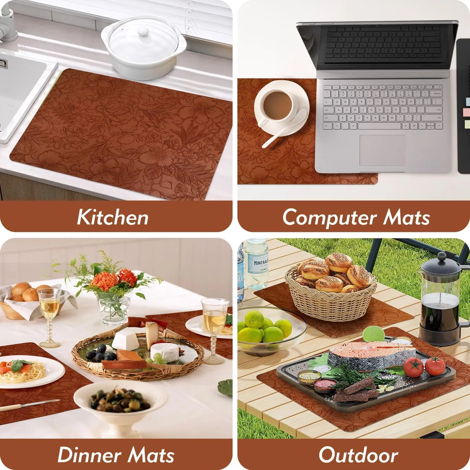17" × 12" Faux Leather Placemats Set of 6, Caramel Brown, Easy Wash Clean, Wipeable & Anti-Slip Table Mats, Waterproof & Heat-Resistant Dining Place Mats, Stain-Resistant with Shallow Embossed Texture