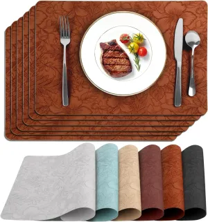 17" × 12" Faux Leather Placemats Set of 6, Caramel Brown, Easy Wash Clean, Wipeable & Anti-Slip Table Mats, Waterproof & Heat-Resistant Dining Place Mats, Stain-Resistant with Shallow Embossed Texture