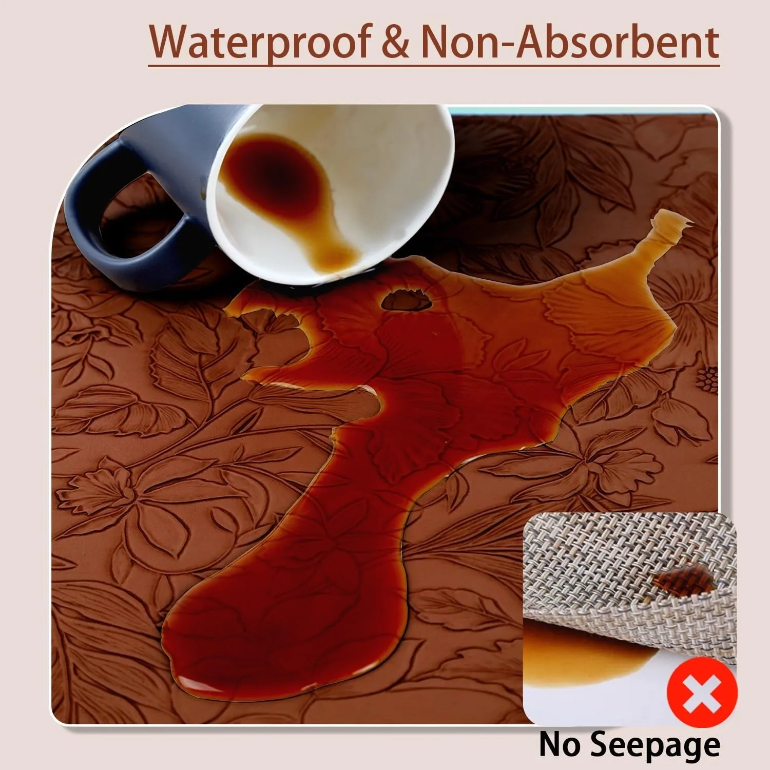 17" × 12" Faux Leather Placemats Set of 6, Caramel Brown, Easy Wash Clean, Wipeable & Anti-Slip Table Mats, Waterproof & Heat-Resistant Dining Place Mats, Stain-Resistant with Shallow Embossed Texture
