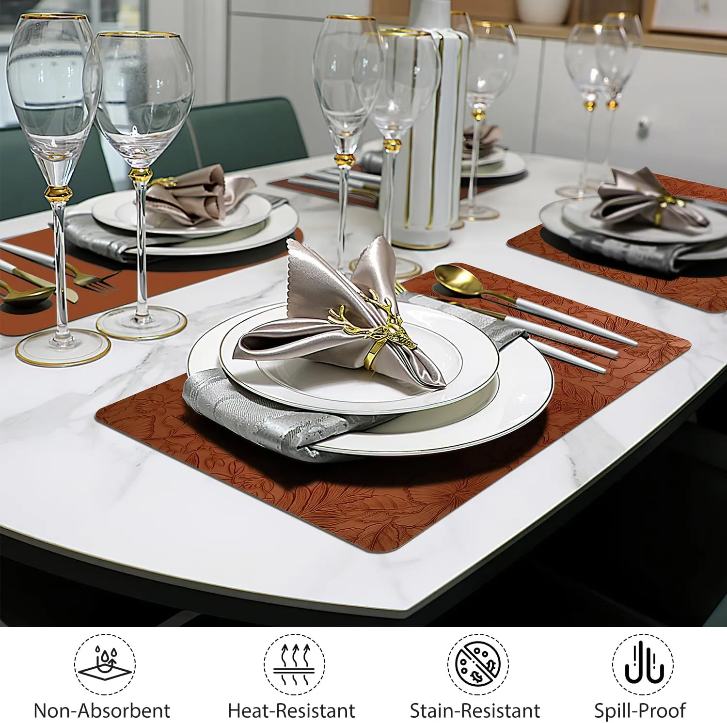 17" × 12" Faux Leather Placemats Set of 6, Caramel Brown, Easy Wash Clean, Wipeable & Anti-Slip Table Mats, Waterproof & Heat-Resistant Dining Place Mats, Stain-Resistant with Shallow Embossed Texture