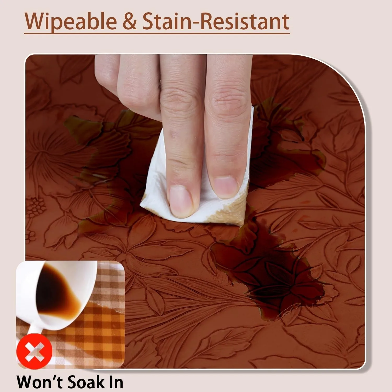 17" × 12" Faux Leather Placemats Set of 6, Caramel Brown, Easy Wash Clean, Wipeable & Anti-Slip Table Mats, Waterproof & Heat-Resistant Dining Place Mats, Stain-Resistant with Shallow Embossed Texture
