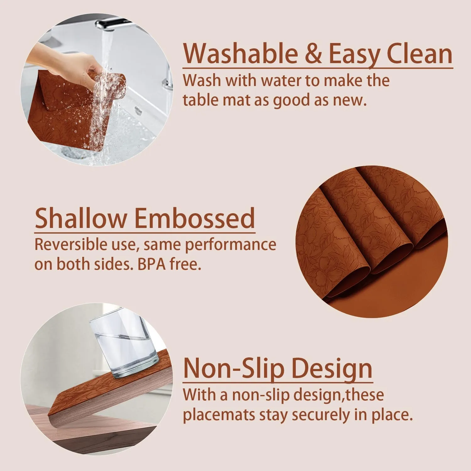 17" × 12" Faux Leather Placemats Set of 6, Caramel Brown, Easy Wash Clean, Wipeable & Anti-Slip Table Mats, Waterproof & Heat-Resistant Dining Place Mats, Stain-Resistant with Shallow Embossed Texture
