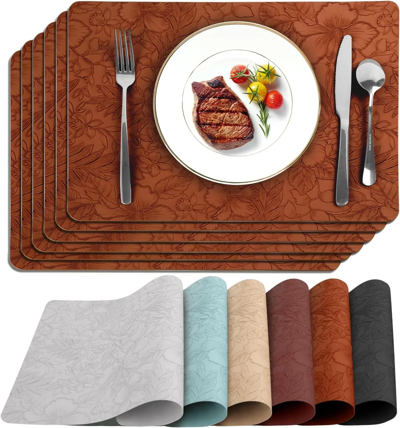 17" × 12" Faux Leather Placemats Set of 6, Caramel Brown, Easy Wash Clean, Wipeable & Anti-Slip Table Mats, Waterproof & Heat-Resistant Dining Place Mats, Stain-Resistant with Shallow Embossed Texture