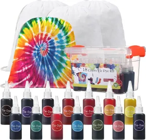 18 Colors Tie Dye Kit, with 12 Pcs Blank Tie Dye Drawstring Bags Fabric Dye for Women, Men, with Rubber Bands, Gloves, Plastic Film and Table Covers for Family Friends Groups Party Supplies