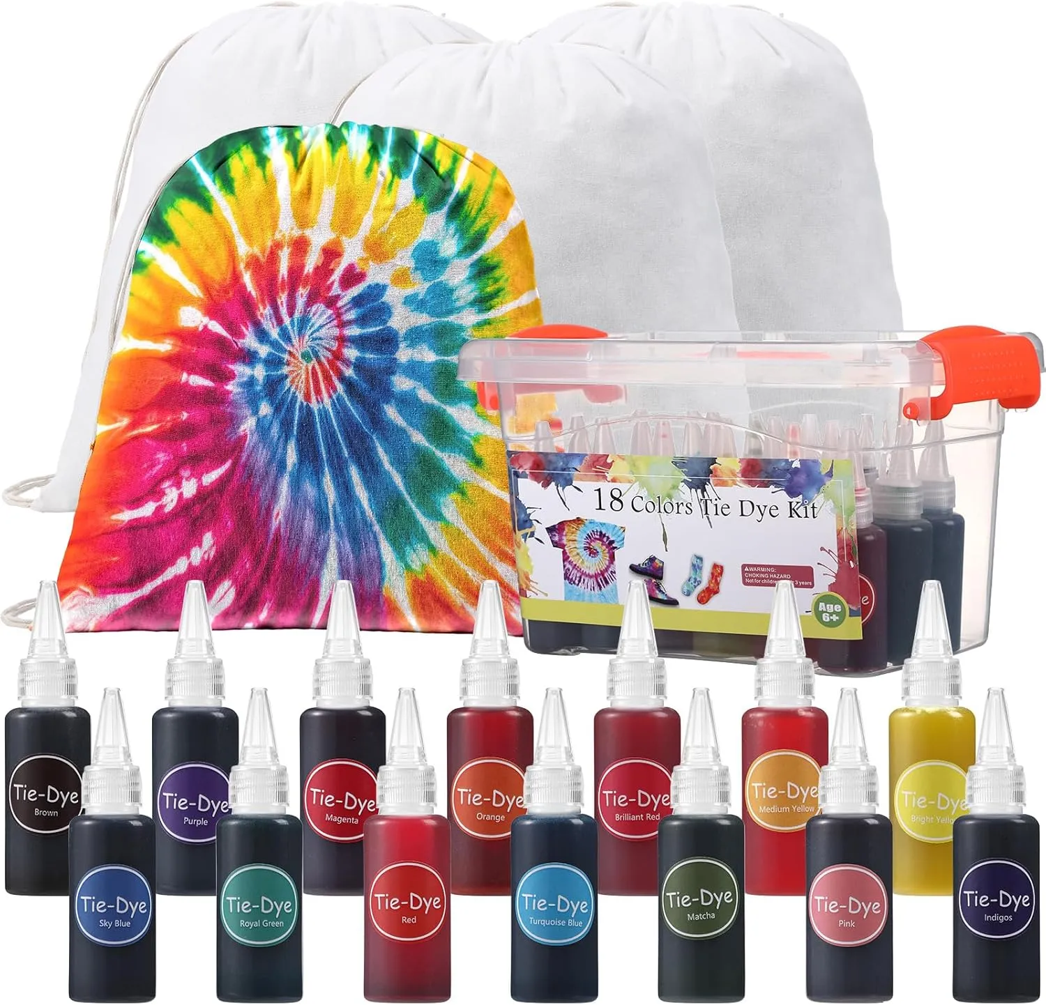 18 Colors Tie Dye Kit, with 12 Pcs Blank Tie Dye Drawstring Bags Fabric Dye for Women, Men, with Rubber Bands, Gloves, Plastic Film and Table Covers for Family Friends Groups Party Supplies