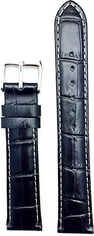 18mm Black Genuine Leather Watchband | Alligator Crocodile Grain, Medium Padded Replacement Watchstrap with Creamy Off White Stitching that brings New Life to Any Watch (Mens Standard Length)