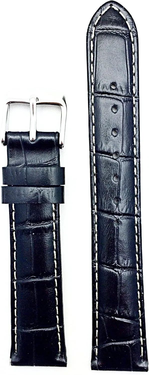18mm Black Genuine Leather Watchband | Alligator Crocodile Grain, Medium Padded Replacement Watchstrap with Creamy Off White Stitching that brings New Life to Any Watch (Mens Standard Length)