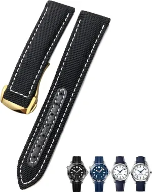 19mm 20mm Woven Nylon Watch Strap Black Blue Deployment Buckle Leather Watch Bands For Omega AT150 AQUA TERRA Seamaster Tissot