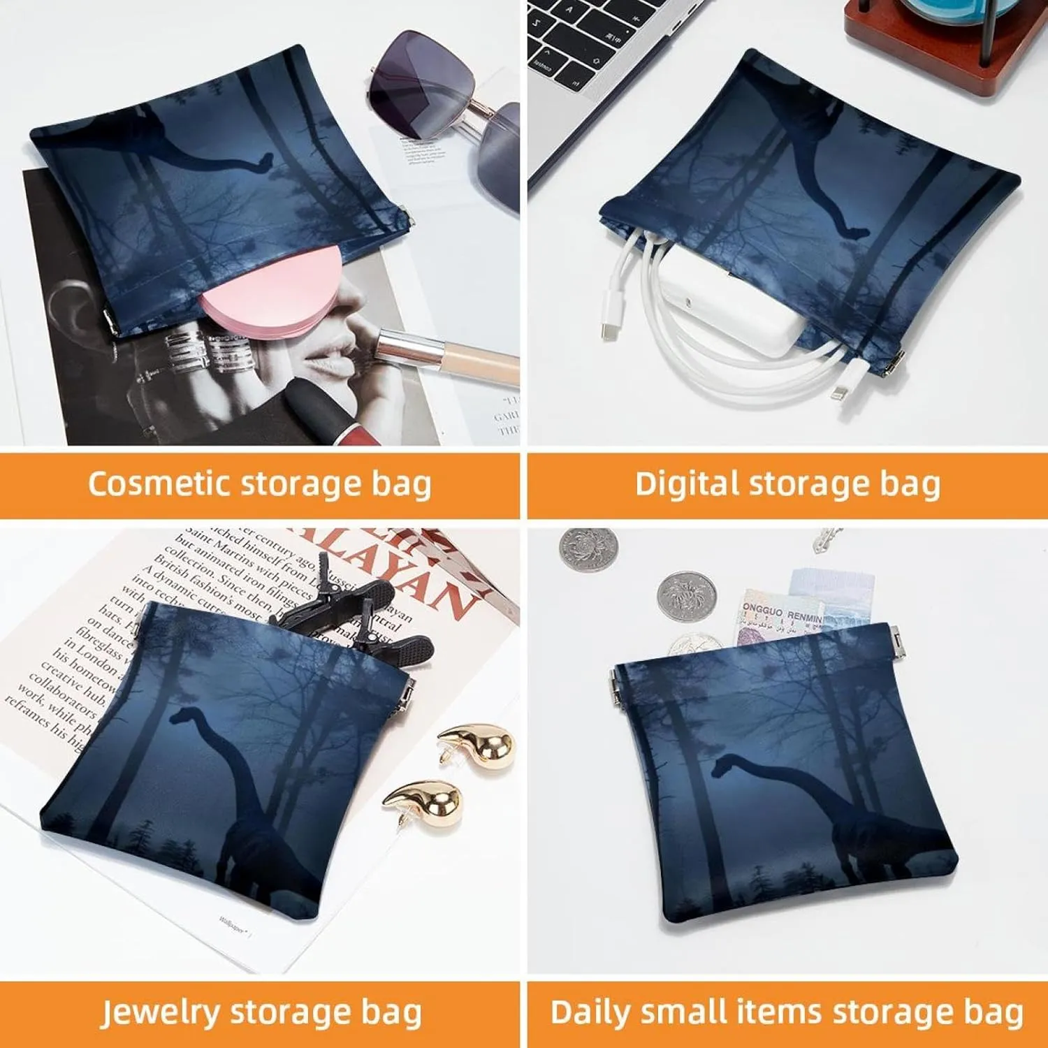 2 PCS Faux Leather Makeup Bag for Purse, Small Pouches for Purse, Mini Pocket Pouch, Multi-functional Shrapnel Storage Bag, Night Forest Dinosaur