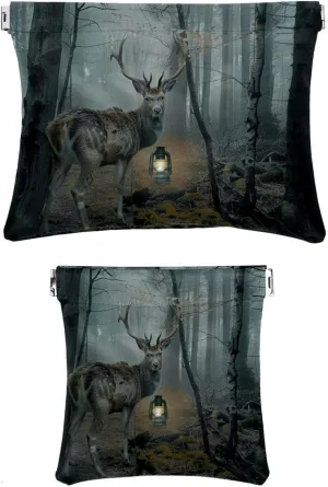 2 PCS Faux Leather Makeup Bag Set, Small Makeup Pouch, Self-Closing Makeup Pouch for Women, Multi-functional Shrapnel Storage Bag, Forest Elk Fairytale