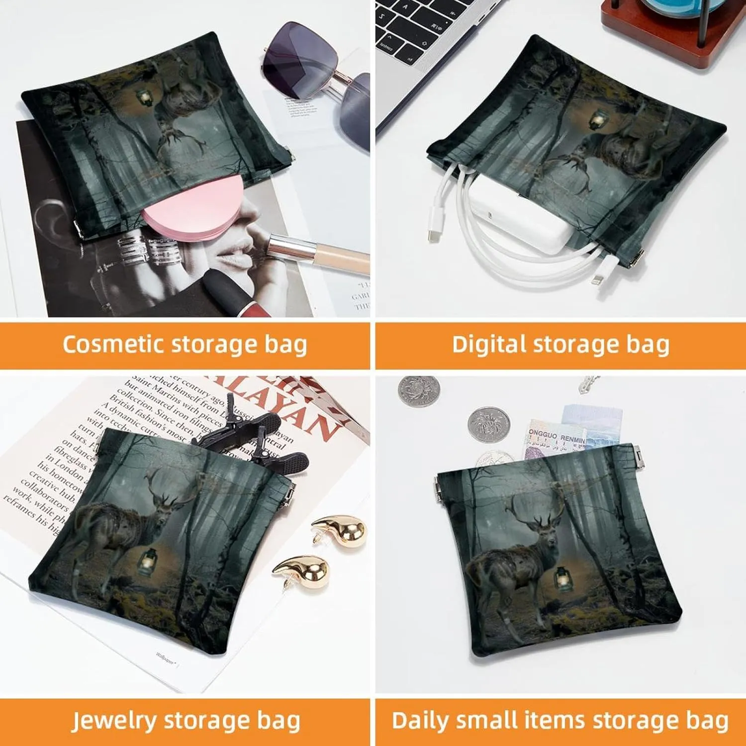 2 PCS Faux Leather Makeup Bag Set, Small Makeup Pouch, Self-Closing Makeup Pouch for Women, Multi-functional Shrapnel Storage Bag, Forest Elk Fairytale