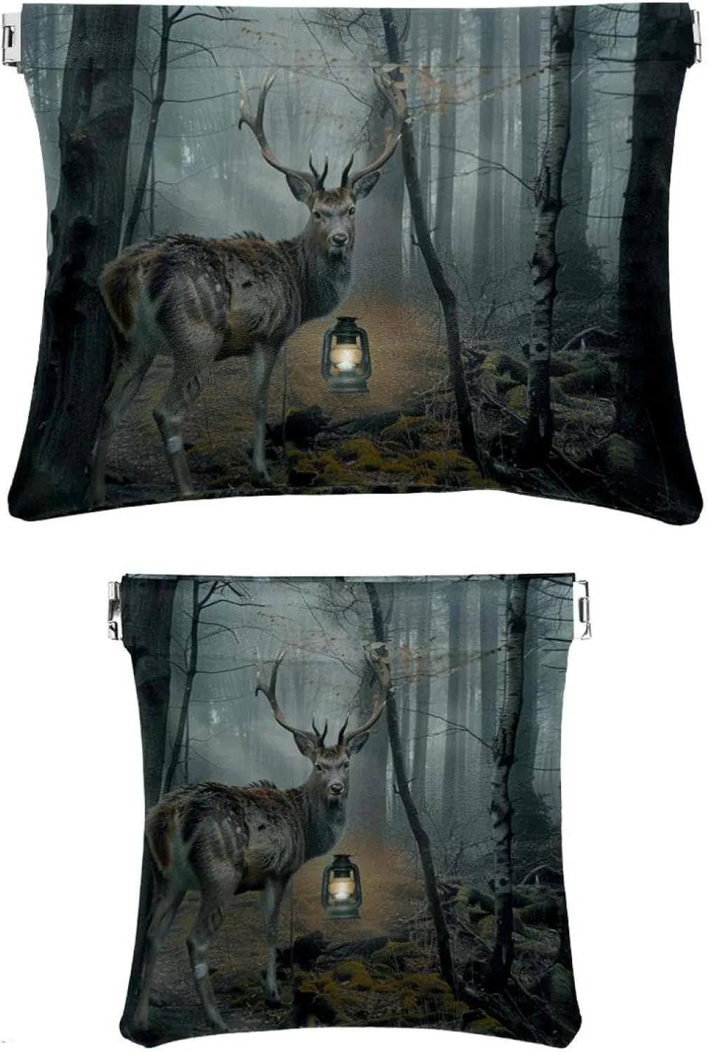 2 PCS Faux Leather Makeup Bag Set, Small Makeup Pouch, Self-Closing Makeup Pouch for Women, Multi-functional Shrapnel Storage Bag, Forest Elk Fairytale