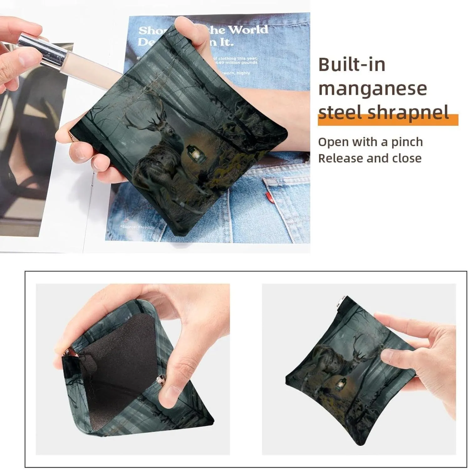2 PCS Faux Leather Makeup Bag Set, Small Makeup Pouch, Self-Closing Makeup Pouch for Women, Multi-functional Shrapnel Storage Bag, Forest Elk Fairytale