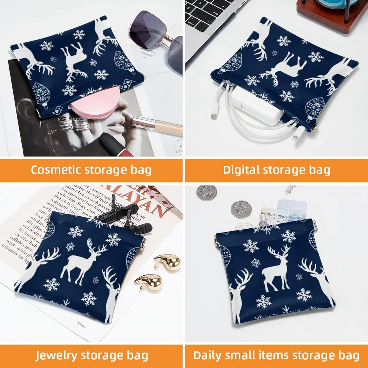 2 Pcs Faux Leather Pocket Box, Small Pouches for Purse, Mini Pocket Pouch, Mini Pocket Makeup Bag for Lipstick, Christmas Snowflake Elk Gift Blue