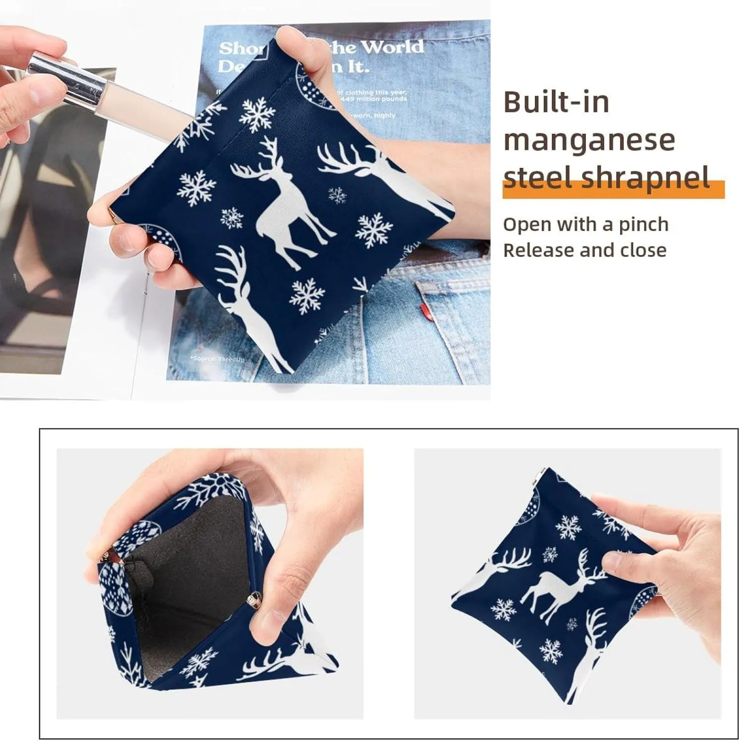 2 Pcs Faux Leather Pocket Box, Small Pouches for Purse, Mini Pocket Pouch, Mini Pocket Makeup Bag for Lipstick, Christmas Snowflake Elk Gift Blue