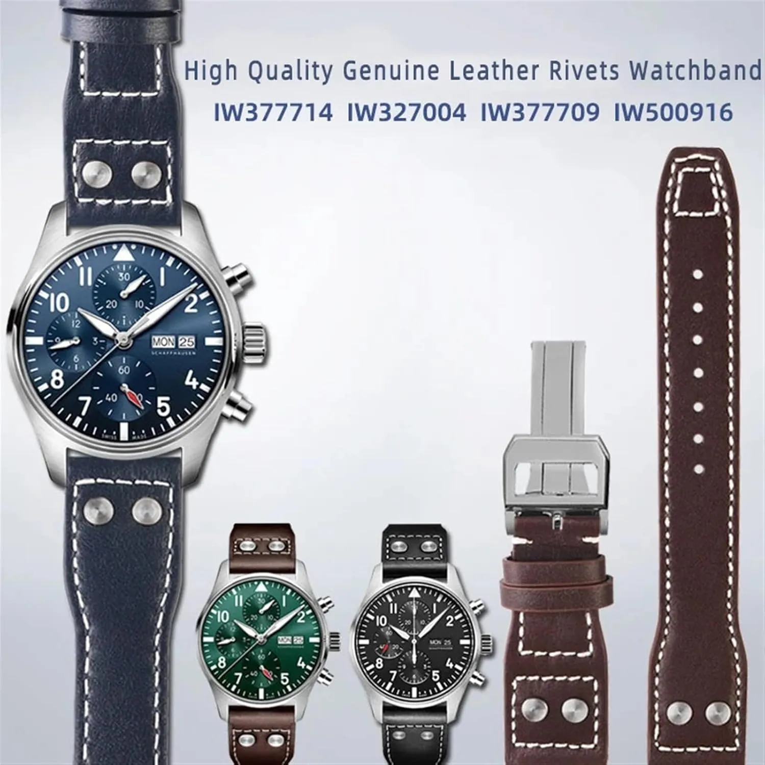 20 21 22mm Genuine Leather Rivets Watchband Fit For IWC Big Pilot Spitfire Brown Black Blue Cowhide Watch Strap
