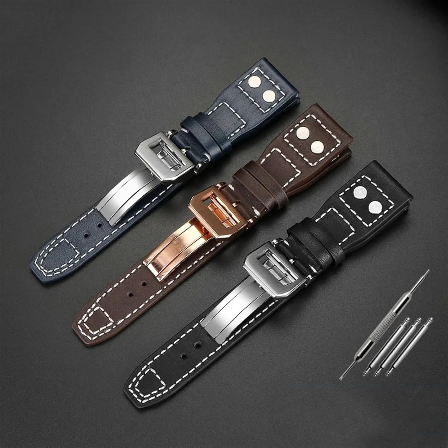20 21 22mm Genuine Leather Rivets Watchband Fit For IWC Big Pilot Spitfire Brown Black Blue Cowhide Watch Strap