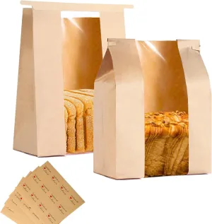 200 Pack Large Paper Bread Bags for Homemade Bread with Tin Tie Tab Lock,14" x 8.3" x 3.5" Sourdough Kraft Loaf Bag with Clear Front Window,Label Seal Sticker Included