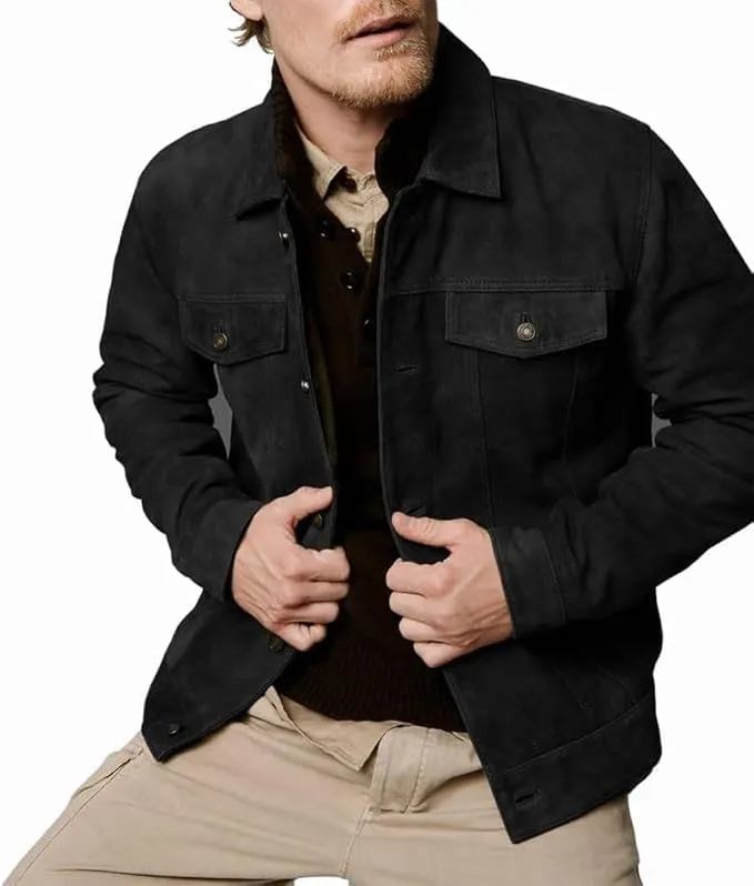 2025 Men’s Classic Suede Leather Trucker Jacket Stylish Button-Up Soft Leather Outerwear for men