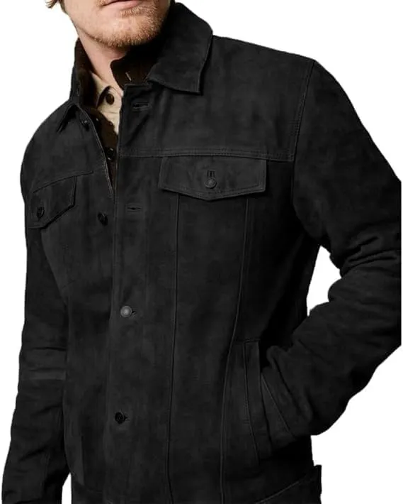 2025 Men’s Classic Suede Leather Trucker Jacket Stylish Button-Up Soft Leather Outerwear for men