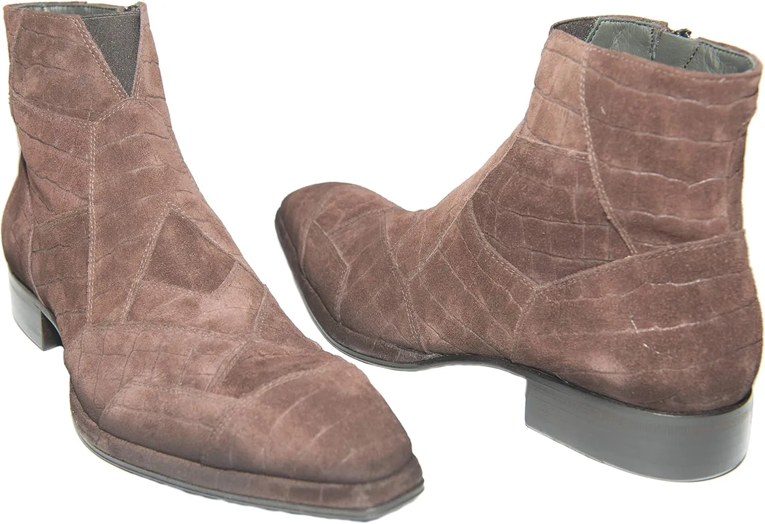 2030 Italian Brown Crocodile Print Suede Ankle Boots with Zipper