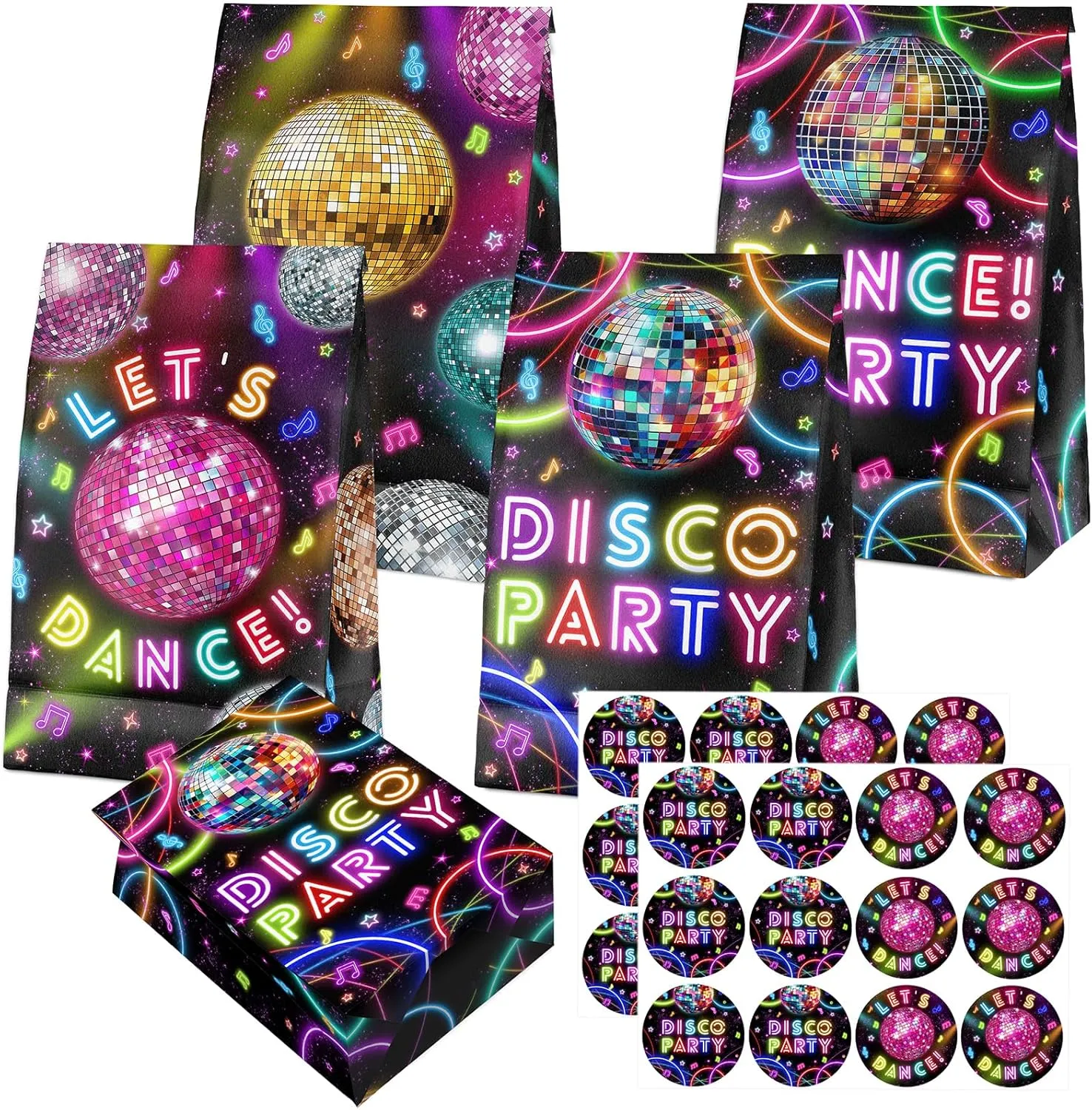 24 Pcs Disco Goodie Bags with Stickers - Retro 70s Dance Party Favor Bags, Perfect for Kids' Disco Party Supplies and Treat Bags