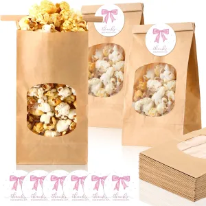 24 Sets Pink Bow Baby Shower Treat Bags with Window 3.54 x 2.36 x 6.7, Tin Tie Tab Lock Paper Bag for Packaging Bakery Candy Cookie with Thanks for Popping by Tags for Theme Party Supplies