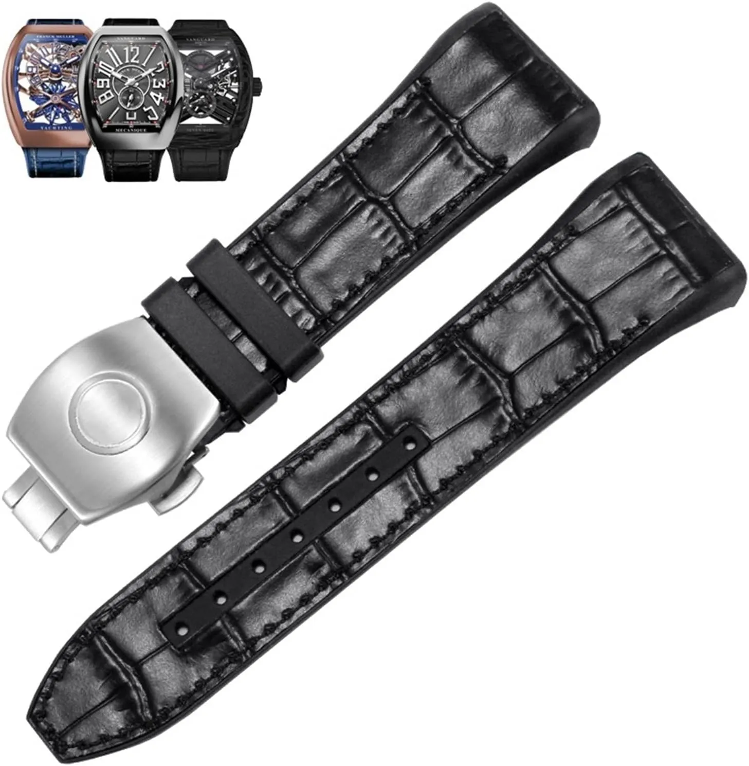 28mm Nylon Genuine Leather Silicone Watch band Black Blue Folding Buckle Watch Strap For Franck Muller V45 Series Watchbands