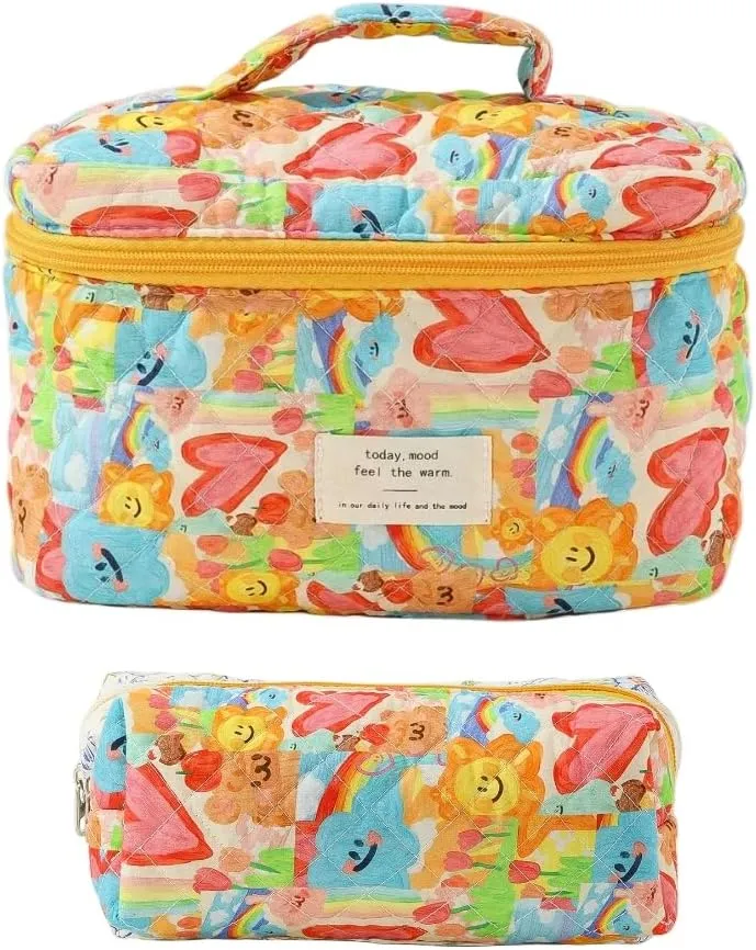 2PCS Aesthetic Floral Makeup Bag for Women, Large Capacity Quilted Cosmetic Toiletry Pouch Travel Small Cute Make Up Purse Organizer Insert (2PCS#S&L#03Heart)