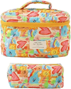 2PCS Aesthetic Floral Makeup Bag for Women, Large Capacity Quilted Cosmetic Toiletry Pouch Travel Small Cute Make Up Purse Organizer Insert (2PCS#S&L#03Heart)