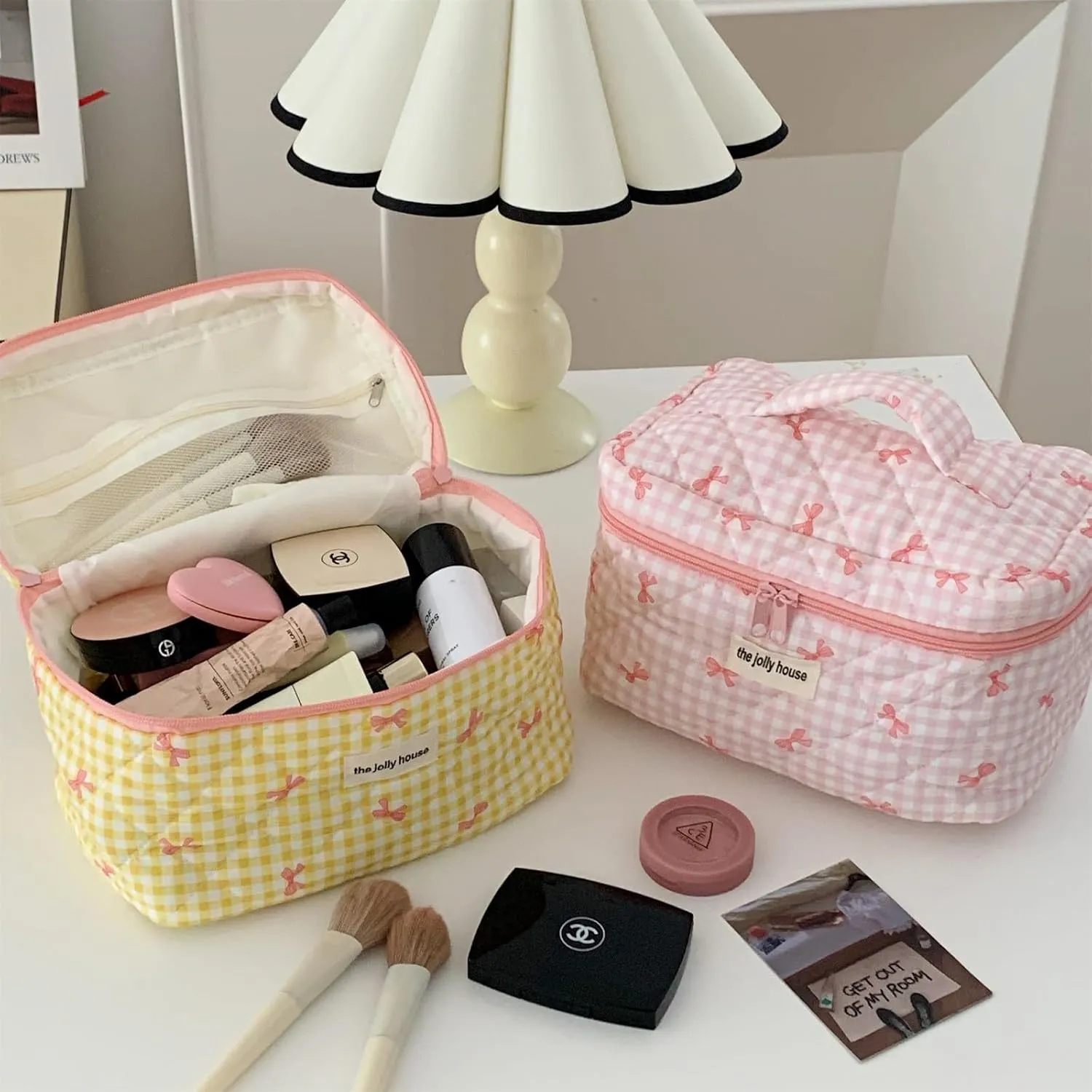 3 Pcs Makeup Bag Set, Quilted Makeup Bags Set, Cute Cotton Makeup Pouch, Polka Dot Makeup Bag, Plaid Bow Cosmetic Bag, Large Travel Cosmetic Bag for Women (A)