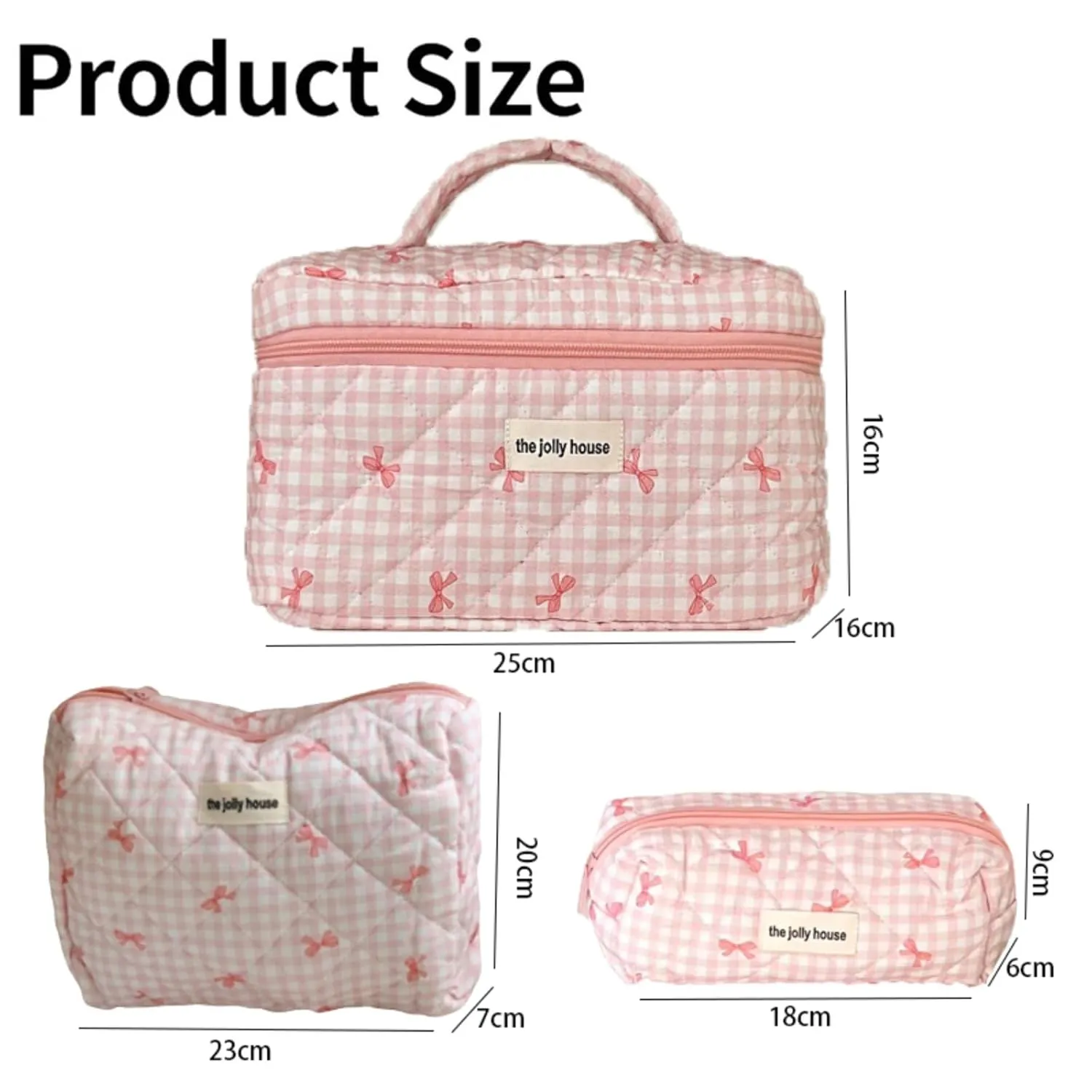 3 Pcs Makeup Bag Set, Quilted Makeup Bags Set, Cute Cotton Makeup Pouch, Polka Dot Makeup Bag, Plaid Bow Cosmetic Bag, Large Travel Cosmetic Bag for Women (A)