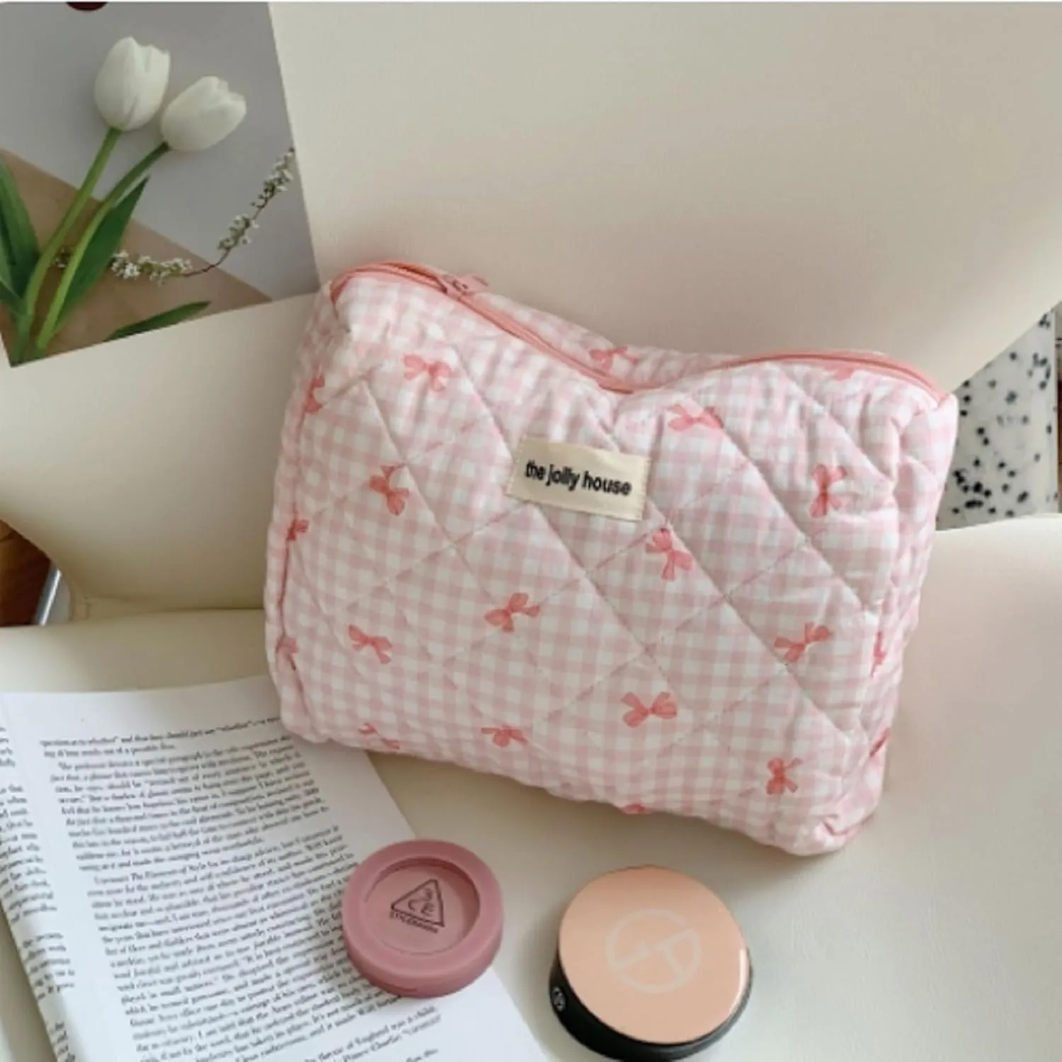 3 Pcs Makeup Bag Set, Quilted Makeup Bags Set, Cute Cotton Makeup Pouch, Polka Dot Makeup Bag, Plaid Bow Cosmetic Bag, Large Travel Cosmetic Bag for Women (A)