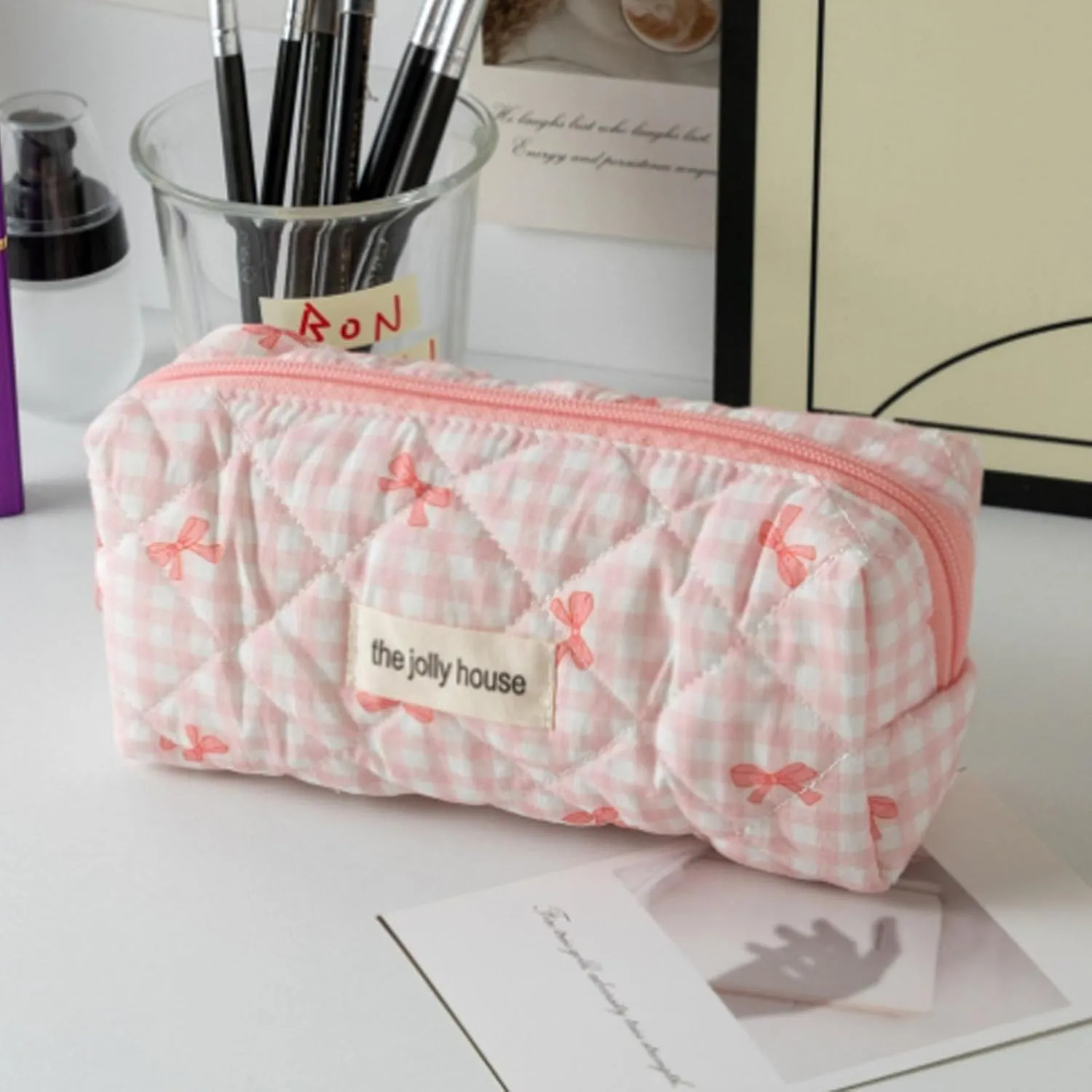 3 Pcs Makeup Bag Set, Quilted Makeup Bags Set, Cute Cotton Makeup Pouch, Polka Dot Makeup Bag, Plaid Bow Cosmetic Bag, Large Travel Cosmetic Bag for Women (A)