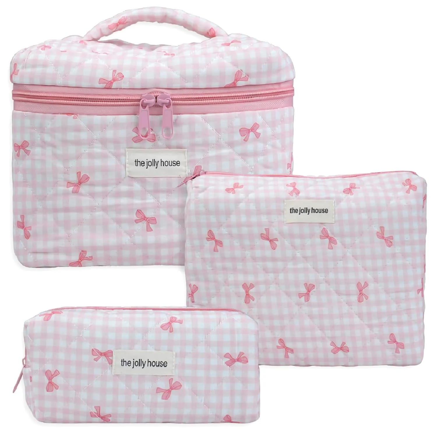 3 Pcs Makeup Bag Set, Quilted Makeup Bags Set, Cute Cotton Makeup Pouch, Polka Dot Makeup Bag, Plaid Bow Cosmetic Bag, Large Travel Cosmetic Bag for Women (A)