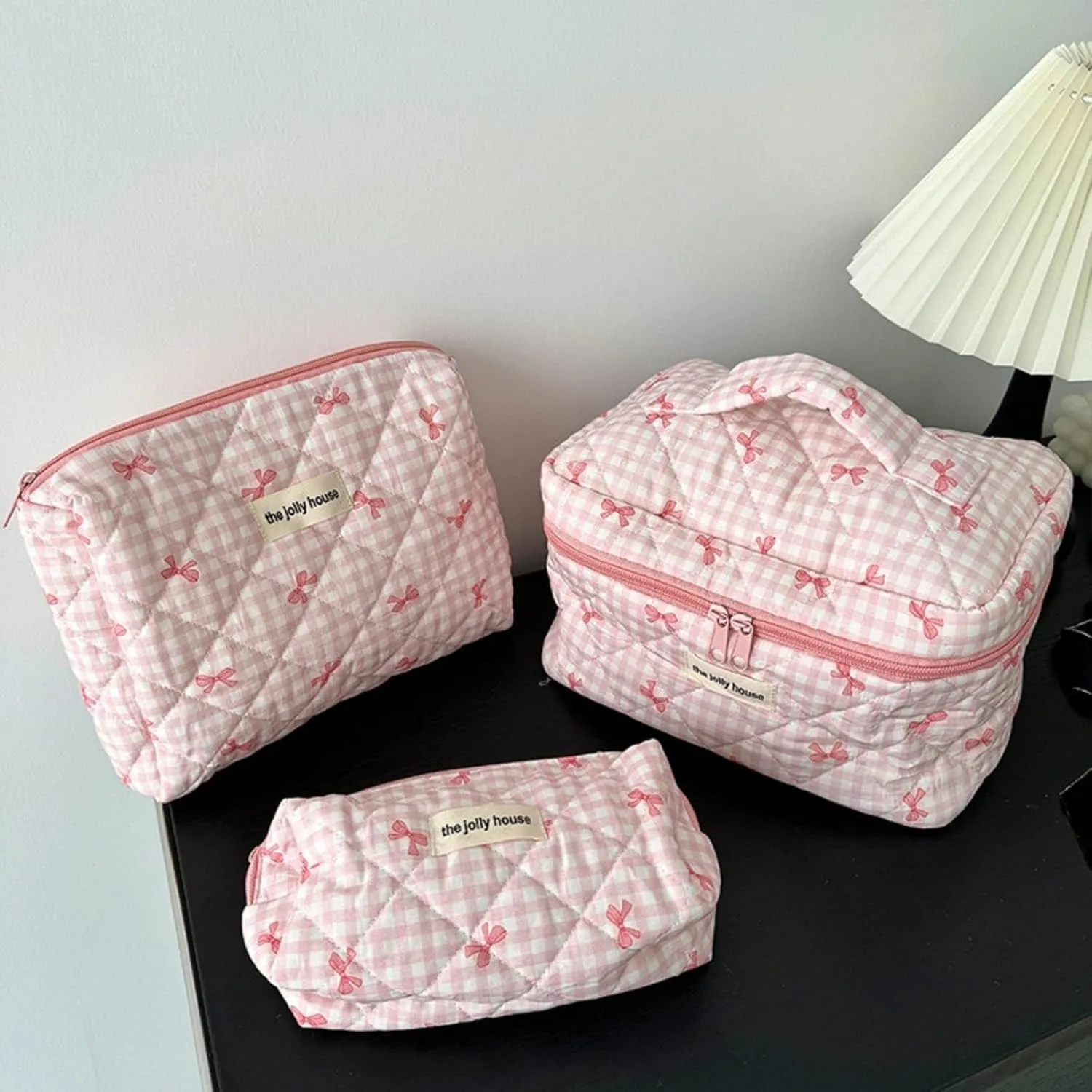 3 Pcs Makeup Bag Set, Quilted Makeup Bags Set, Cute Cotton Makeup Pouch, Polka Dot Makeup Bag, Plaid Bow Cosmetic Bag, Large Travel Cosmetic Bag for Women (A)